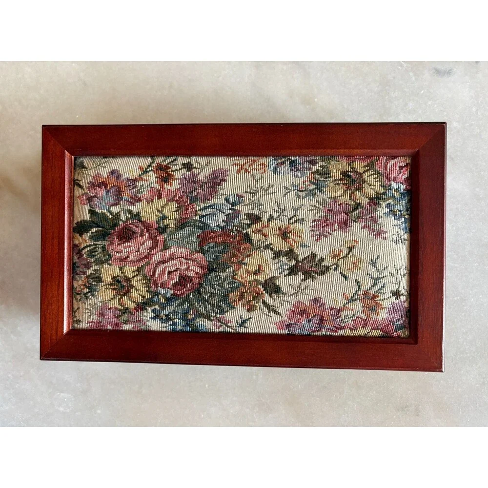 Vintage Wood Jewelry Box Tapestry Top Full Mirror Wooden Box Velvet interior